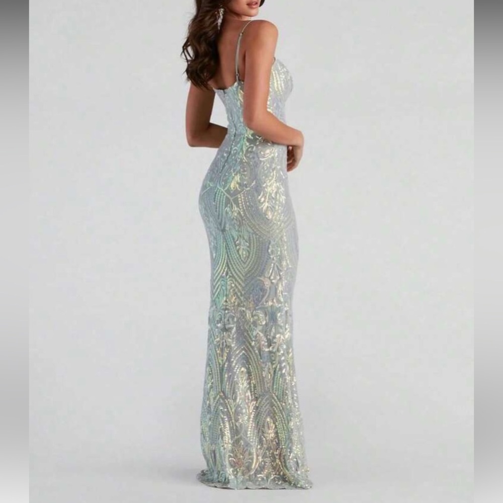 Sequin Illusion Light Blue Evening Gown - Picture 2 of 4